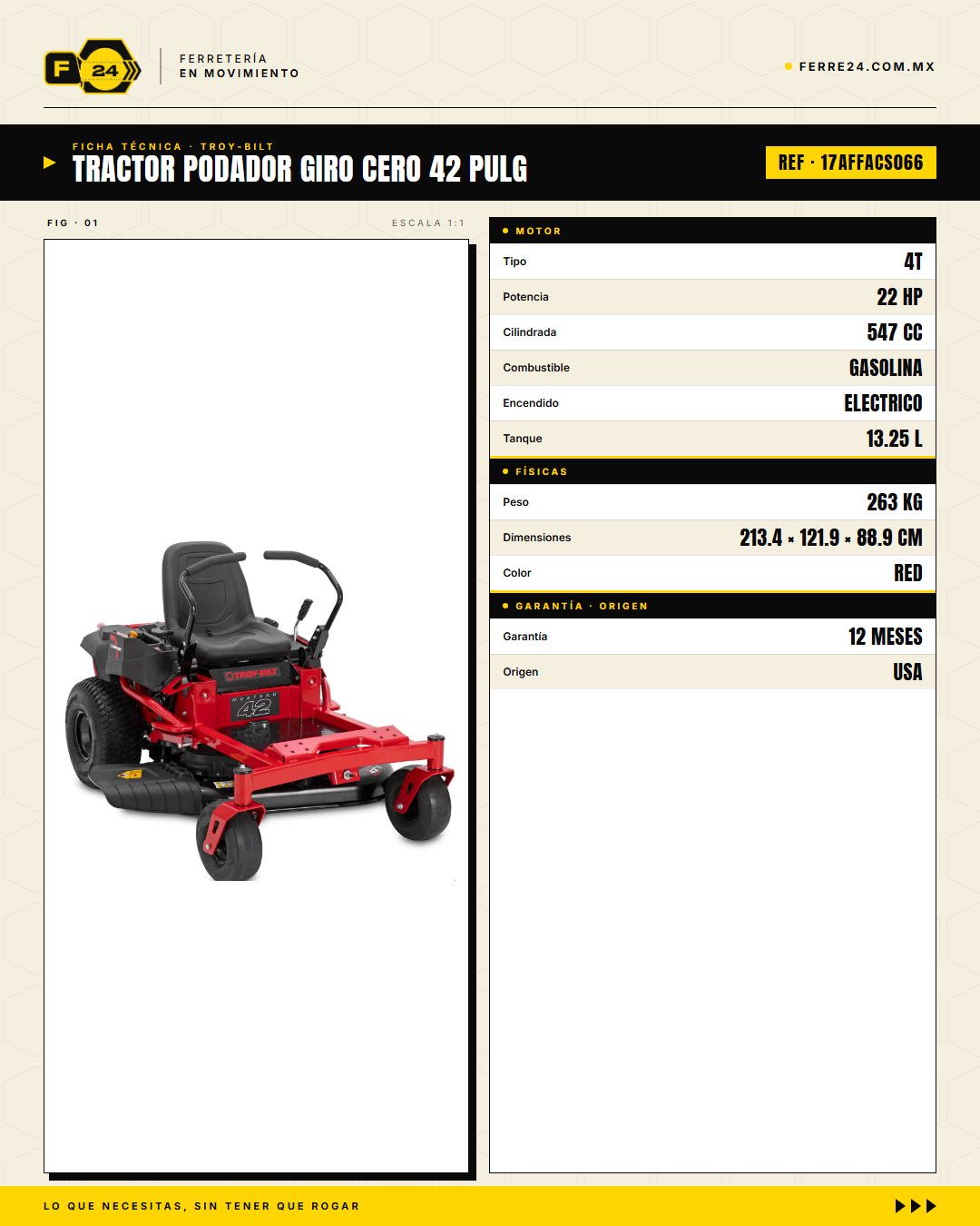 Tractor Podador Giro Cero 42" 547cc Troy-Bilt Mustang Z42 · specs