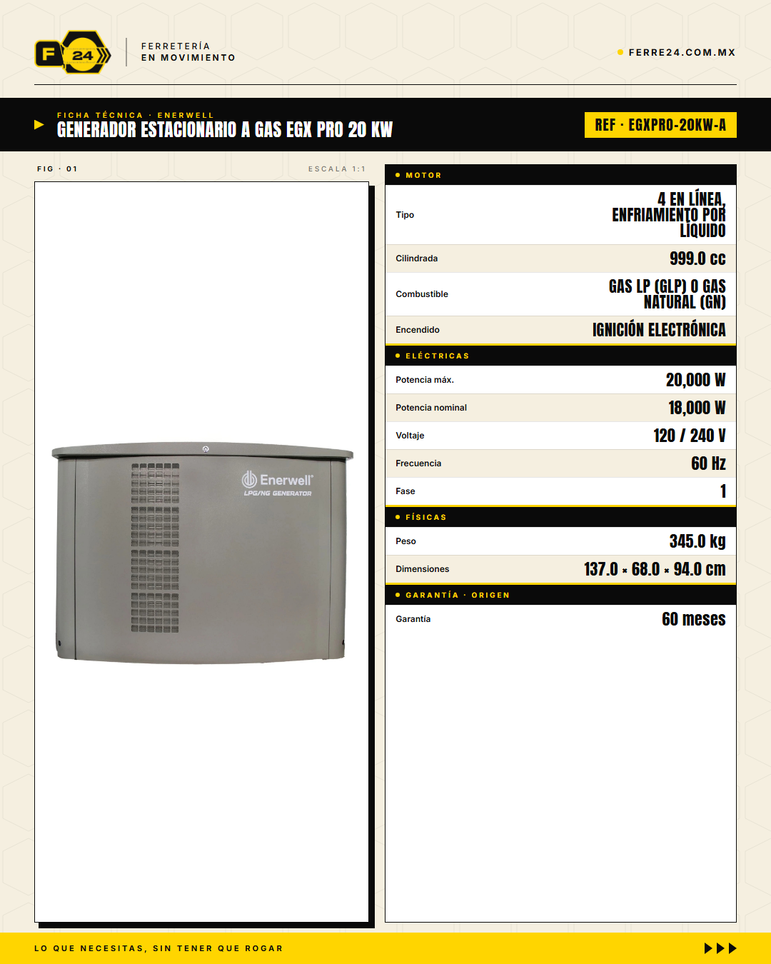 Generador Estacionario a Gas 20 kW — EGX PRO · specs
