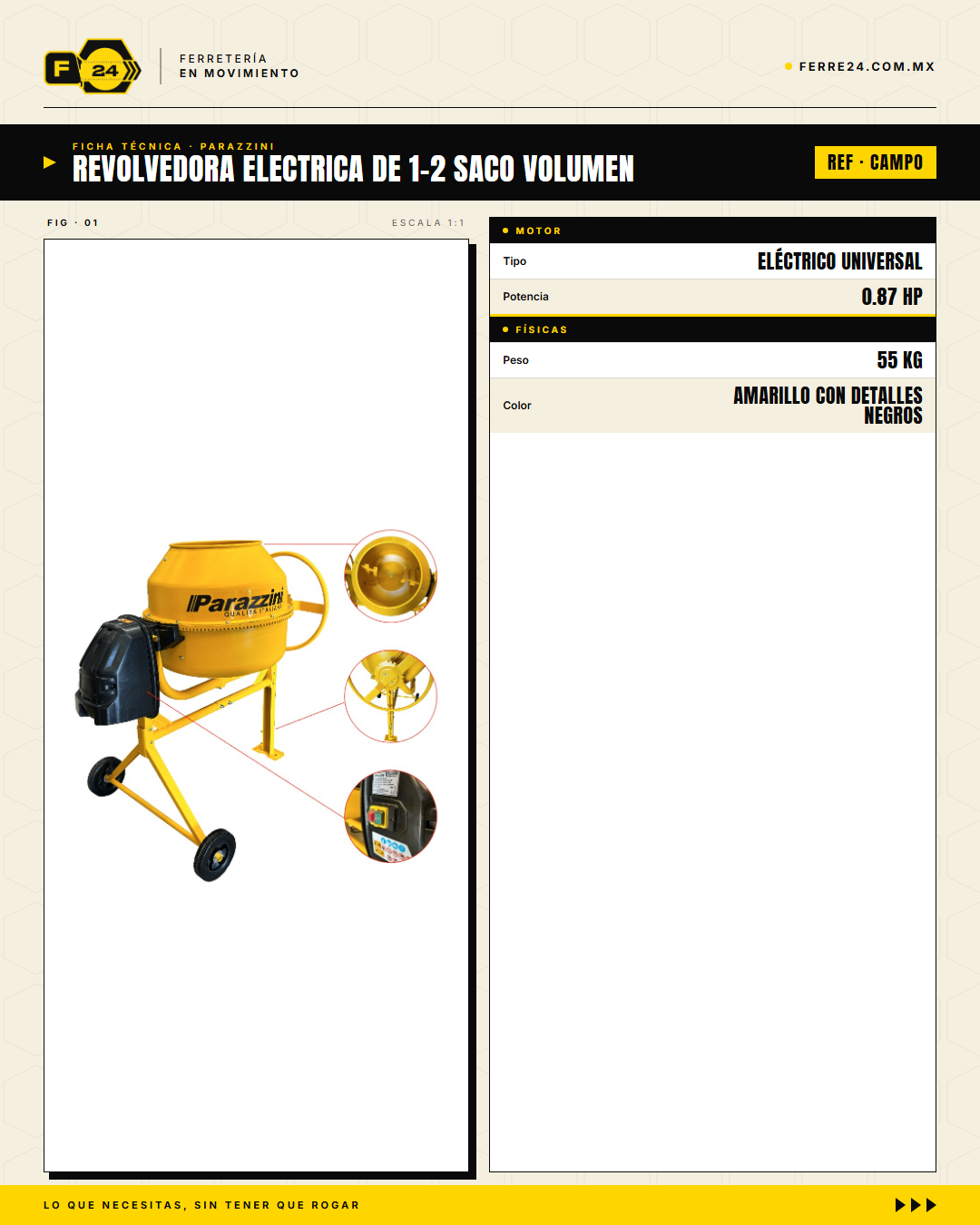 Revolvedora Eléctrica Parazzini 180 L — 650W, 110V, 1/2 Saco · specs