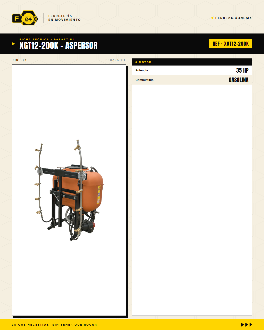 Kit Aspersor Parazzini 200 L, Aguijón 28" y Motor 35 HP · specs