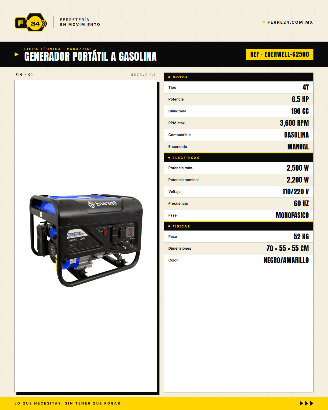 Generador Portátil 2500W ENERWELL — Motor 4T 6.5HP, 110/220V · specs