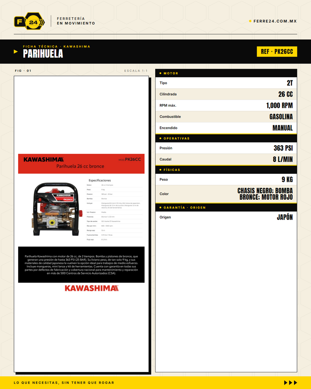 Parihuela Kawashima PK26CC — Motobomba Mochila 26 cc Bomba Bronce · specs