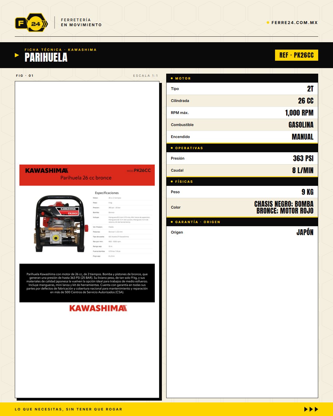 Parihuela Kawashima PK26CC — Motobomba Mochila 26 cc Bomba Bronce · specs