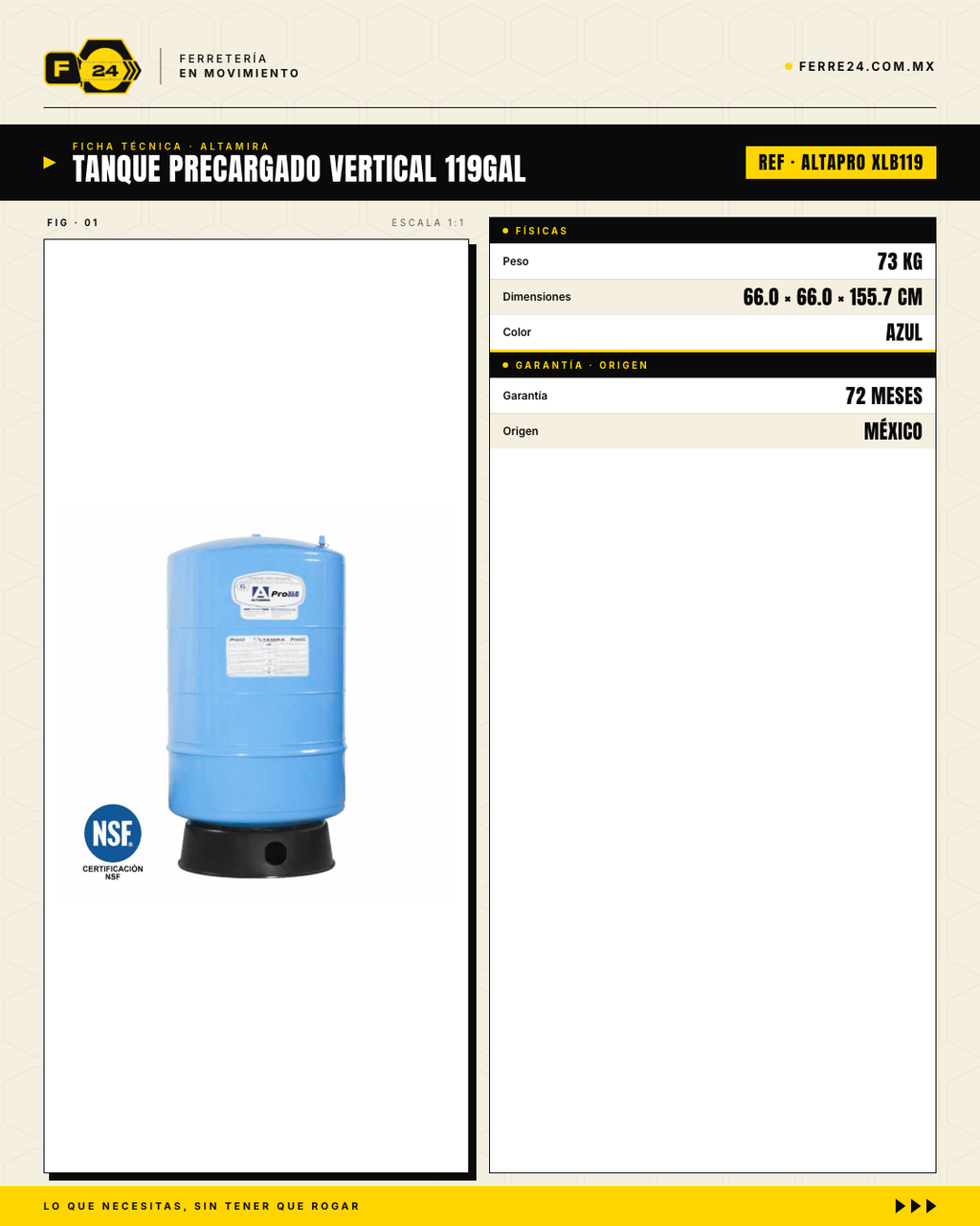 Tanque Precargado Vertical ALTAMIRA PRO 119 Galones — Garantía 6 Años · specs