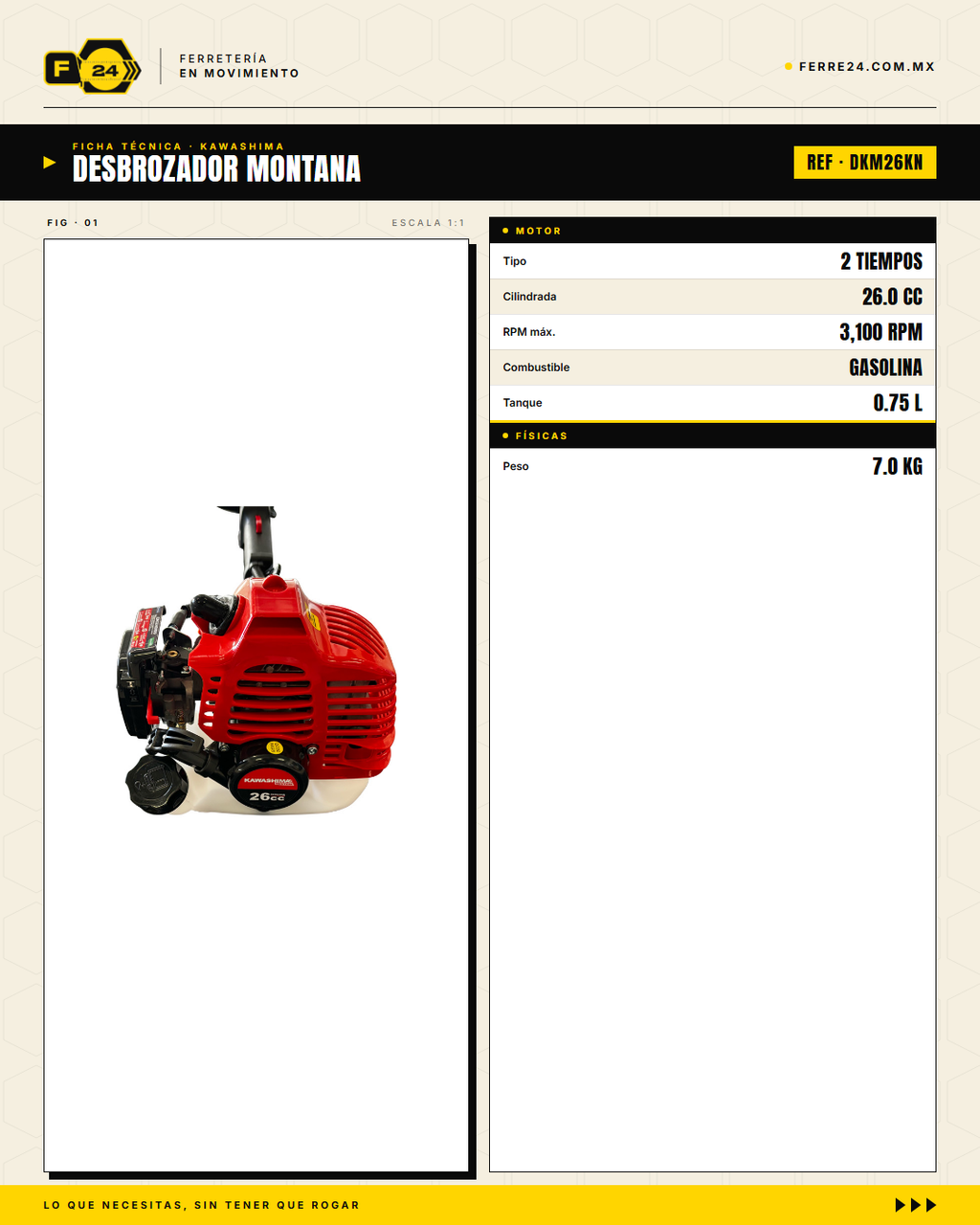 Desbrozadora Kawashima Montana 26 cc — Eje Curvo, 7 kg · specs