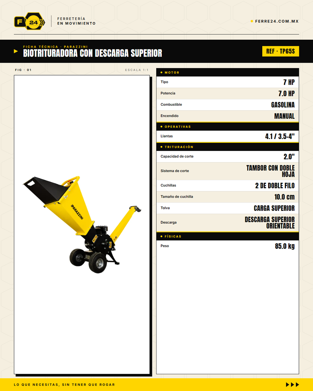 Biotrituradora Parazzini 7 HP — Corte de 2", Descarga Superior · specs