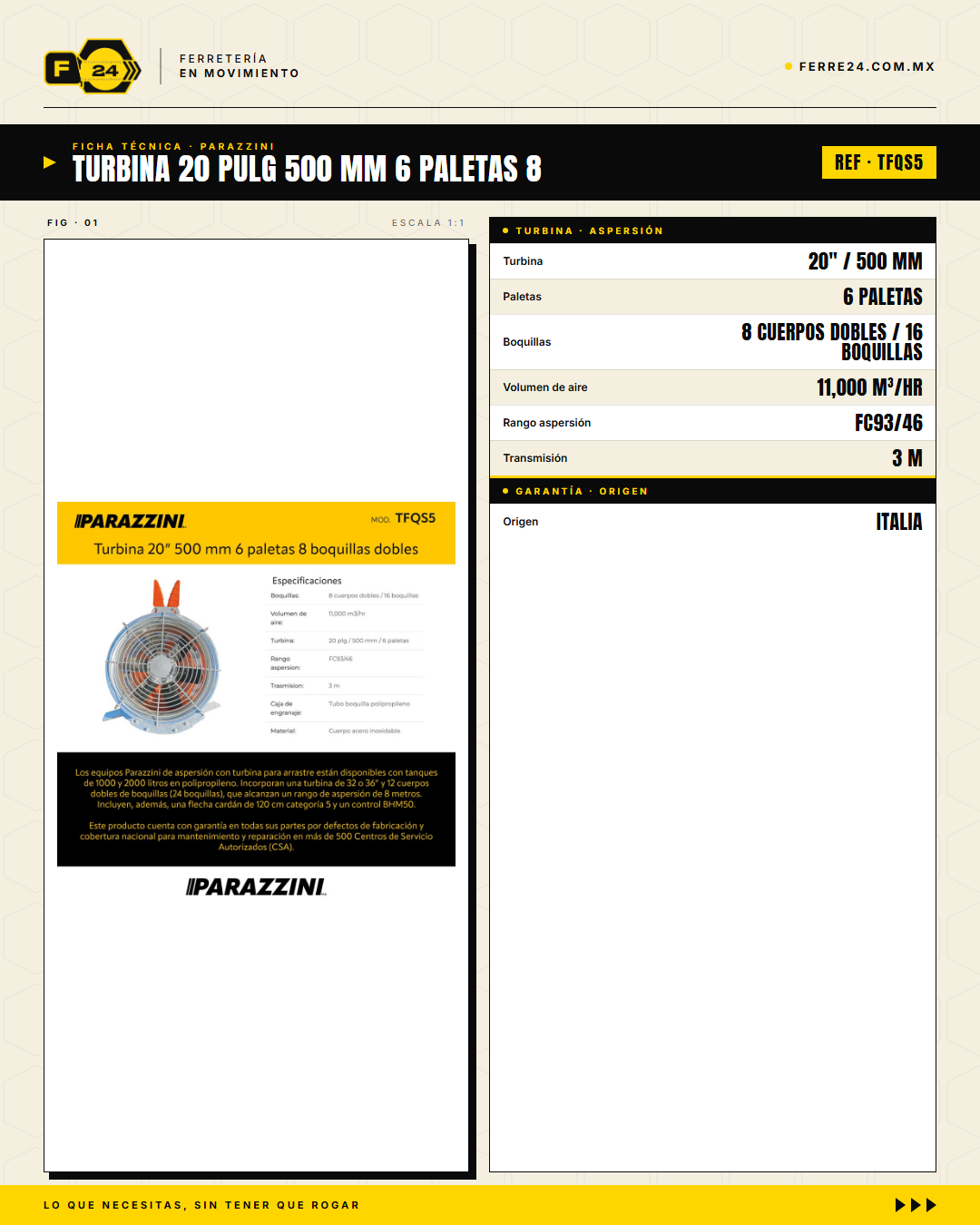 Turbina de Aspersión Parazzini TFQS5 — 20" (500 mm), 6 Paletas · specs