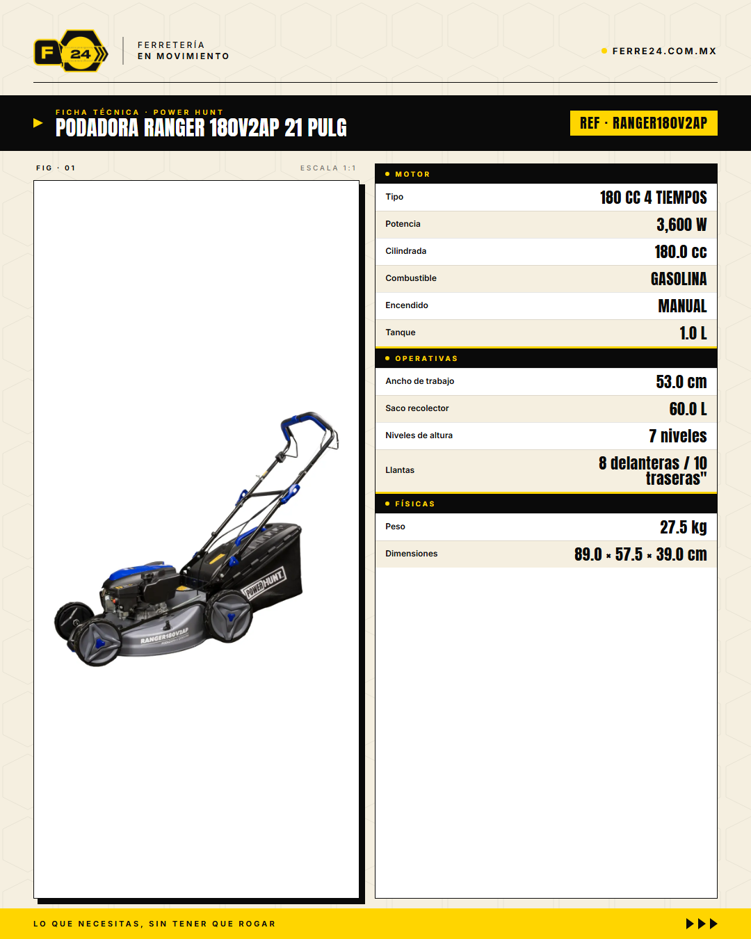 Podadora Autopropulsada 21" — 180 cc, Chasis de Acero y Triturado · specs