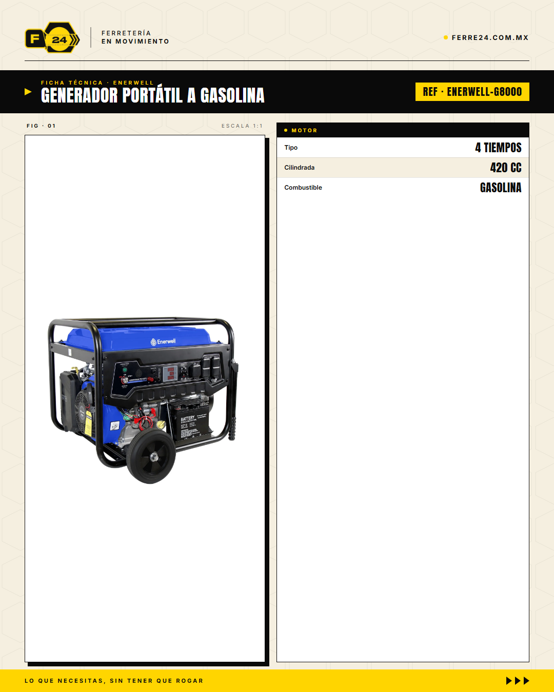 Generador Portátil 8000W Gasolina ENERWELL — Arranque Eléctrico · specs